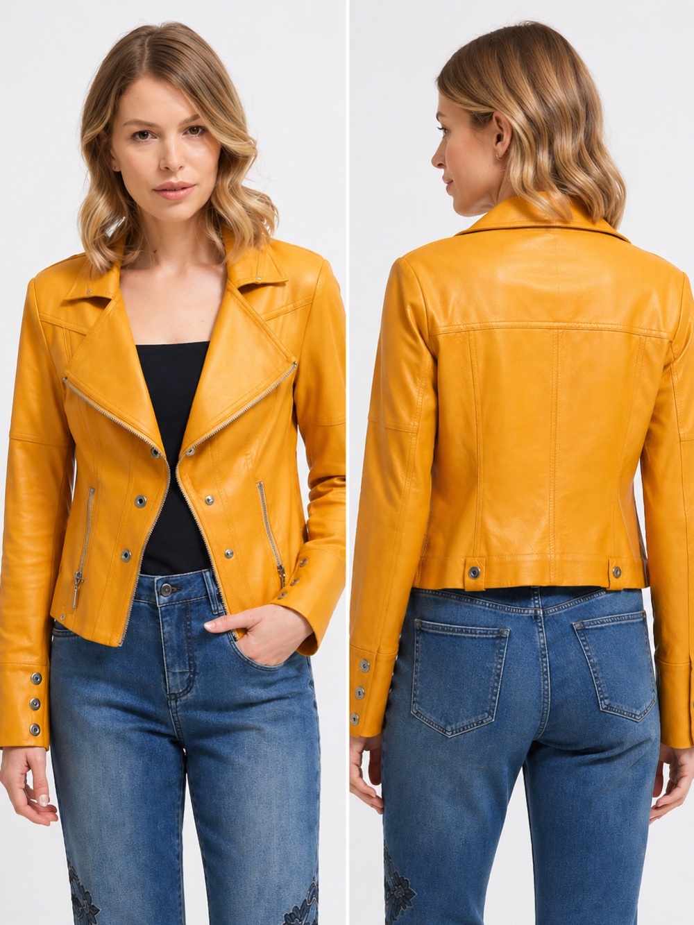 Joseph Ribkoff Mustard Moto Jacket Faux Leather Zip Biker Cropped Jacket